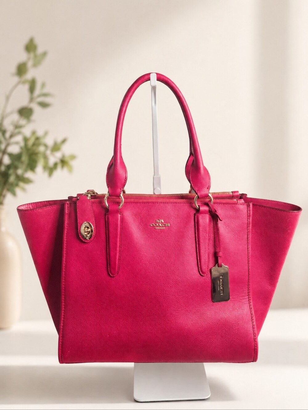 Coach Crosby Carryall Pink Ruby Crossgrain Leather Satchel Gold Hardware